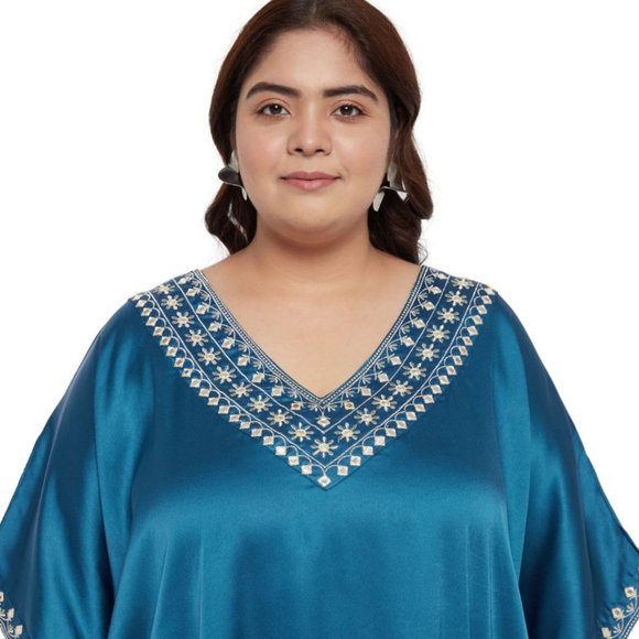 Gypsie Blu Solid Satin Embroidery Corsair Blue Women Kaftan Dress Plus Size Maxi - Picture 4 of 6